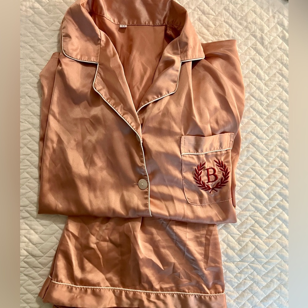 Pink Silk Pajama Set with B Monogram on Pocket